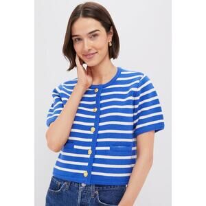 HYACINTH HOUSE Blue & White Striped Short Sleeve Anna Cardigan Size S NWT